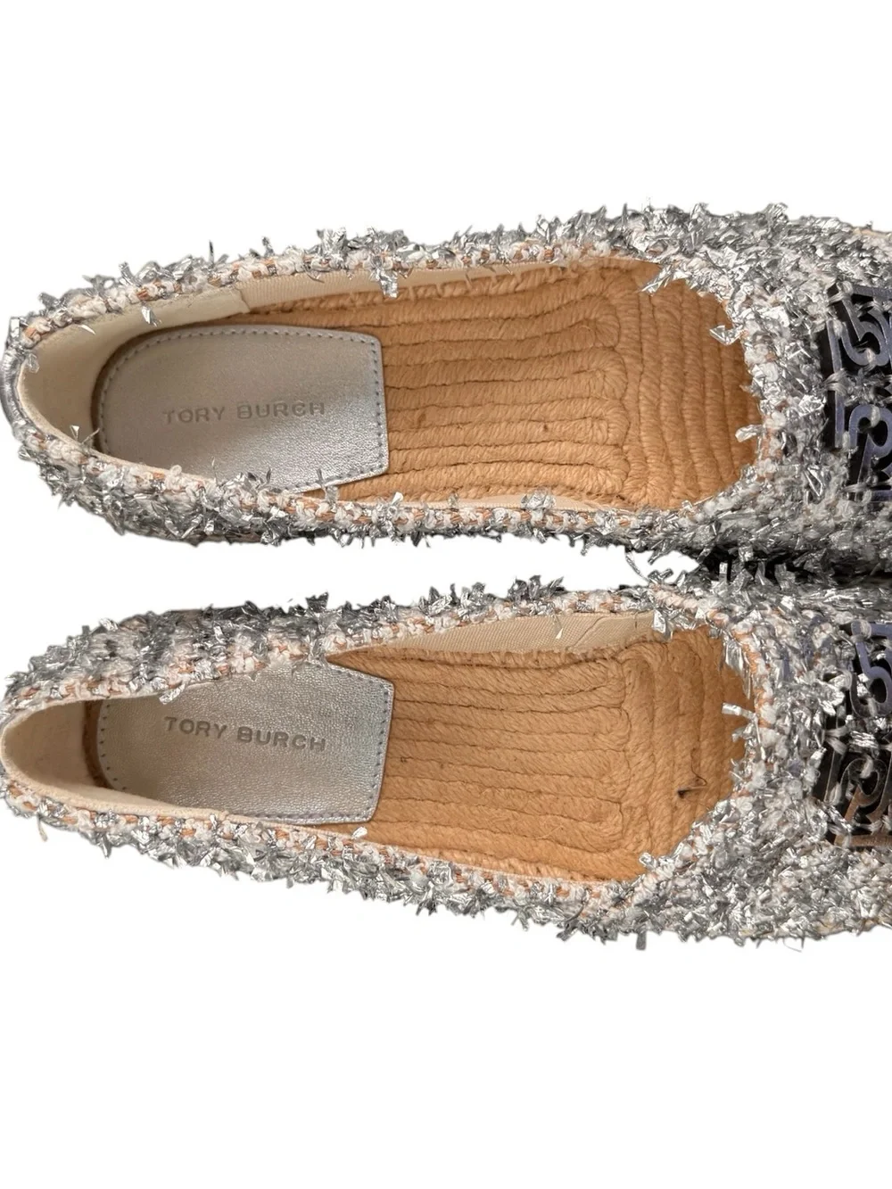Tory Burch Cream and Silver Tweed Espadrilles with Logo, NWOT